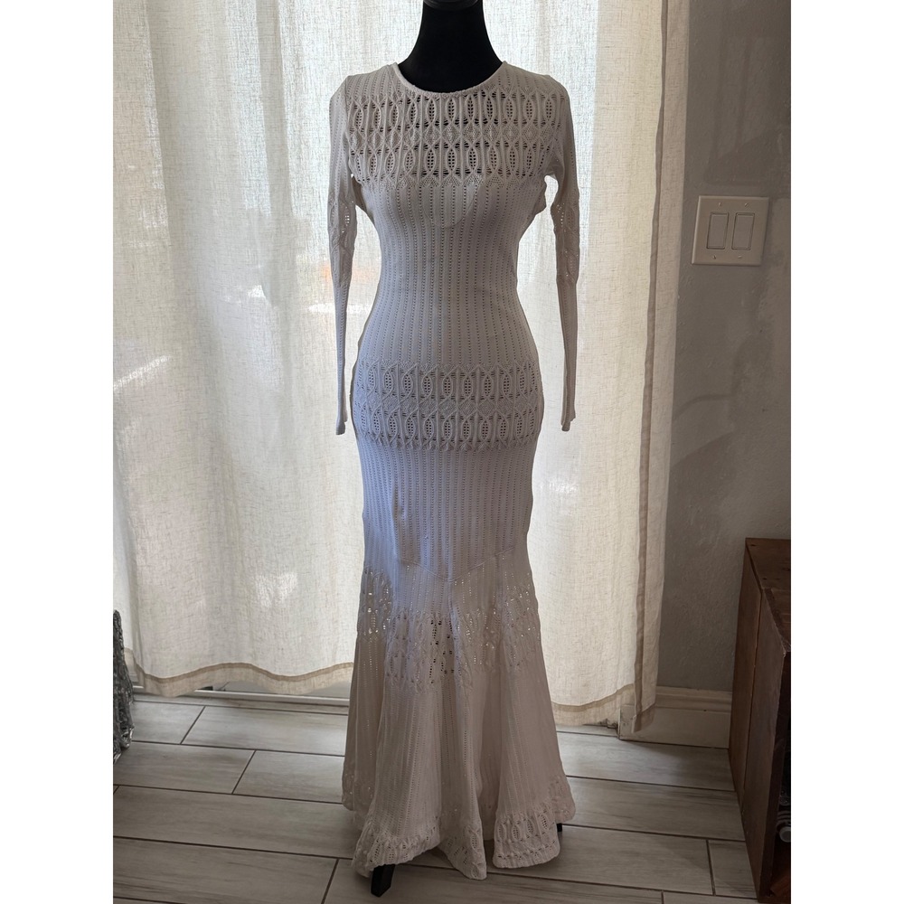 Sky White Crochet Knit Open Back Maxi Dress Long Sleeve Mermaid Gown AH737-9M M
